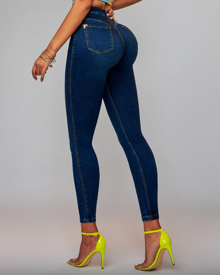 Po-Lift Push Up Knopfleiste Hohem Bund Stretch Glamouröser Glanz Denim Jeans