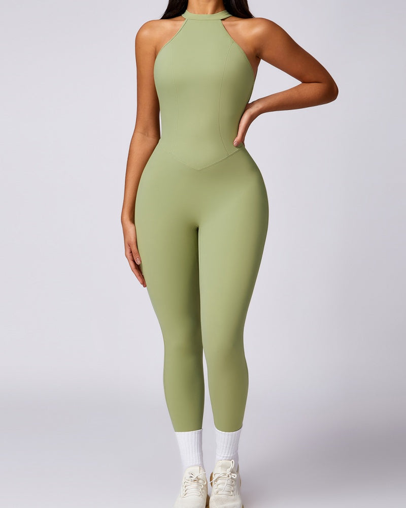 Pfirsichfarbener Hüfthebender und Schöner Schnelltrocknender Yoga Jumpsuit mit Rücken