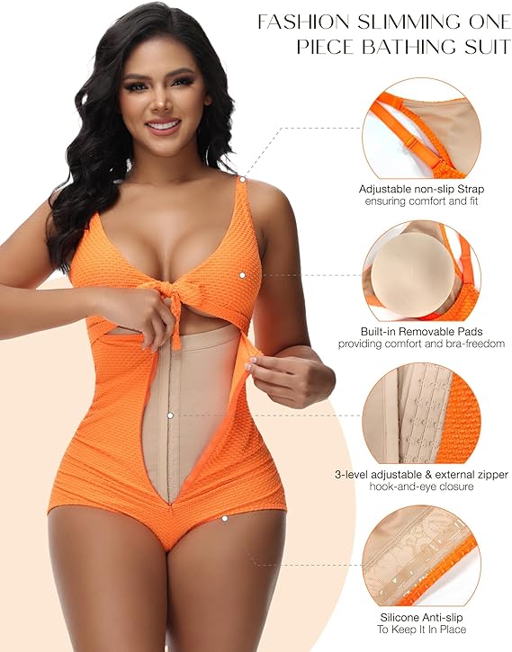 Damen Bauchweg Badeanzug Cut-Out Knoten Vorne Push Up Eingebauter Shapewear Badeanzug