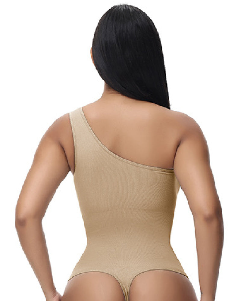 Sexy Geripptes Ein-Schulter Ärmelloses Tanktop Enger Stretch Bodysuit