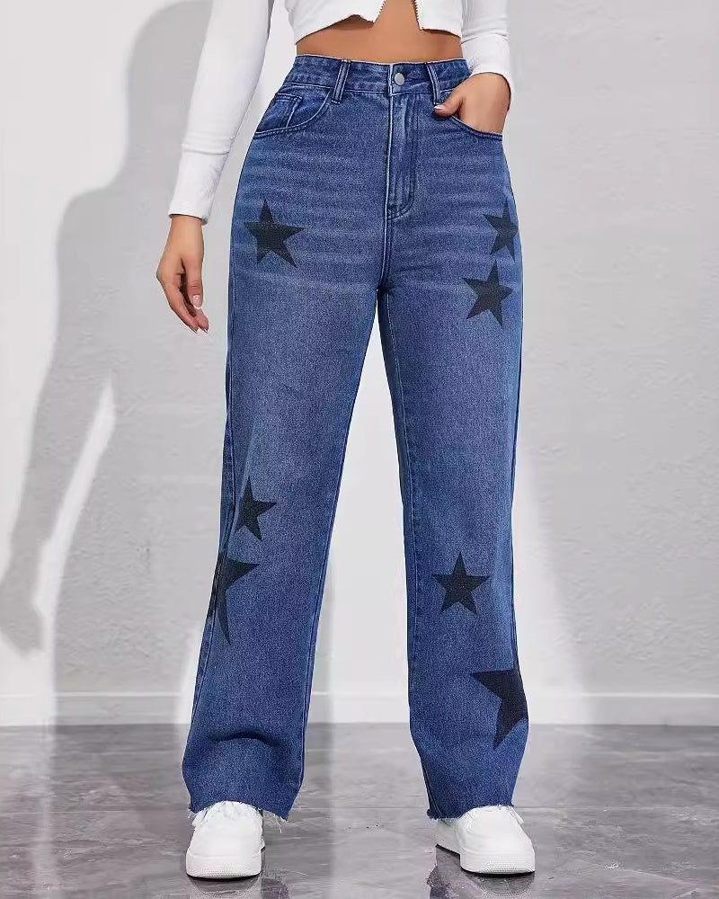 Lässige und Bequeme Jeans mit Geradem Bein und Hoher Taille mit Sternenmuster