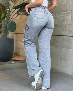 Damen Vintage Cargo Jeans Weites Bein Lässige Hose mit Hoher Taille und Großen Taschen