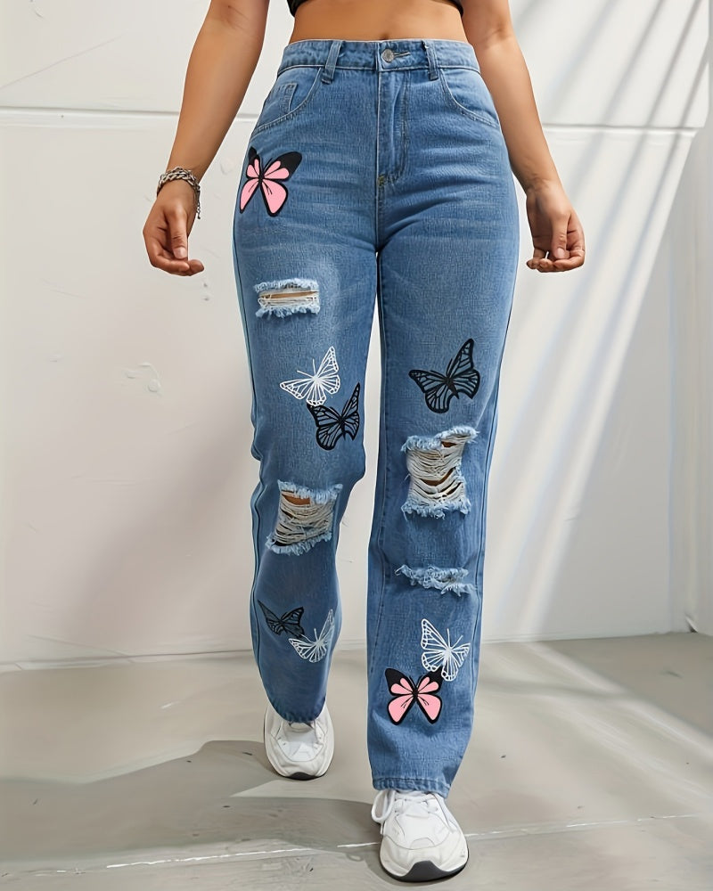 Zerrissene Jeans mit Geradem Bein und Hoher Taille in Kontrastfarbe und Schmetterlings-Print