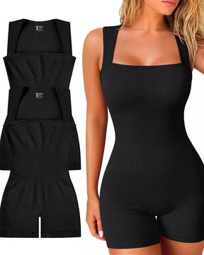 Gerippter Ärmelloser Yoga Rompers Tanktop Eckigem Ausschnitt Jumpsuit