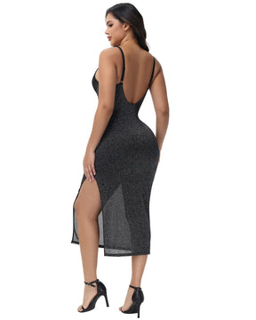 Shapshe® Sexy Spitzen V-Ausschnitt Metallic Funkelnder Schlitz Cami Midi Bodycon Kleid