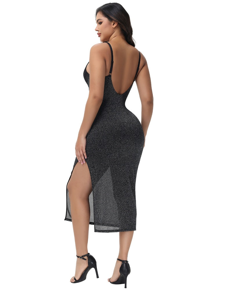 Shapshe® Sexy Spitzen V-Ausschnitt Metallic Funkelnder Schlitz Cami Midi Bodycon Kleid