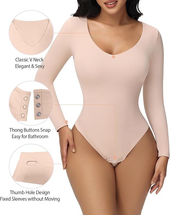 Damen Langen Ärmeln Nahtlos Bodysuit V-Ausschnitt Bauchweg Tanga Shapewear