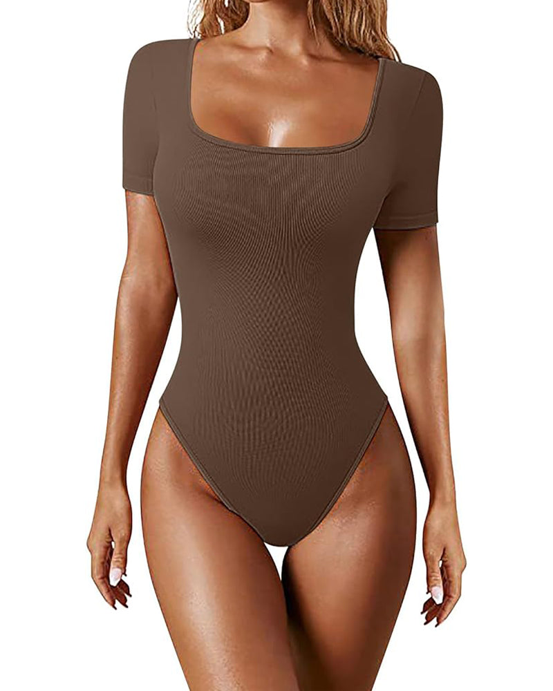 Damen Sexy Gerippter Eckigem Ausschnitt Kurzärmeliger Quadratischer Kragen Tanga Bauchweg Bodysuit