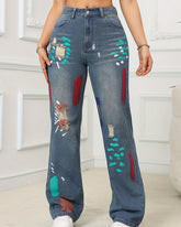 Hip Hop Painted Graffiti Ripped High Waist Straight Simple Vielseitig Jeans