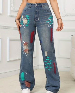 Hip Hop Painted Graffiti Ripped High Waist Straight Simple Vielseitig Jeans