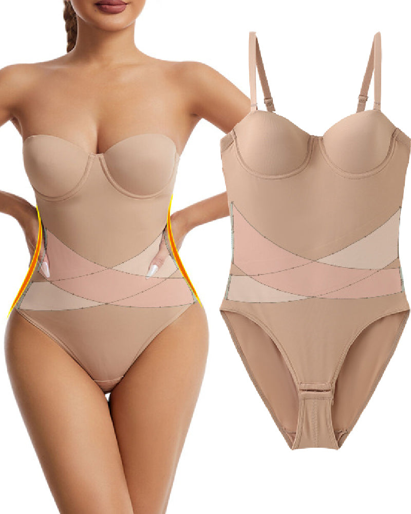 Damen Trägerloser Eingebautem BH X-Kreuz Bauchkontrolle Bodysuit