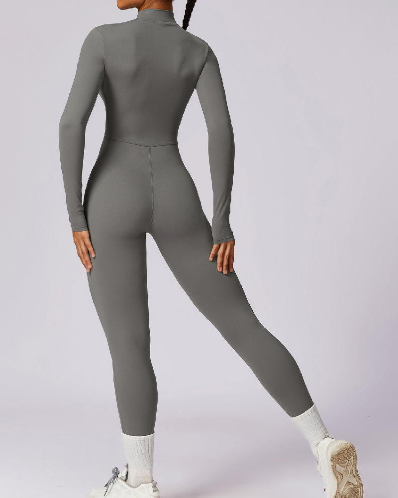 Einteiliger Athleisure Jumpsuit Lange Ärmel Frontreißverschluss Voll Bodysuit