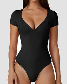 Damen V-Ausschnitt Kurzarm Doppellagige Naht-Cups Oberteil Bodysuit