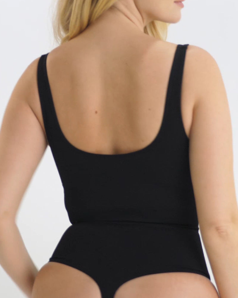 Damen Gerippter Bauchweg Bodysuits Naht Körbchen V-Ausschnitt Tanga Shapewear