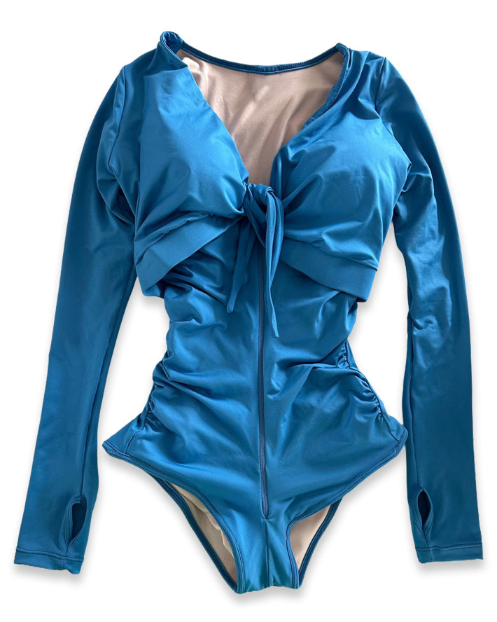 Shapshe® Blauer Langen Ärmeln Badeanzug Integriertem Shapewear Bademode Für Mollige