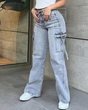 Damen Vintage Cargo Jeans Weites Bein Lässige Hose mit Hoher Taille und Großen Taschen