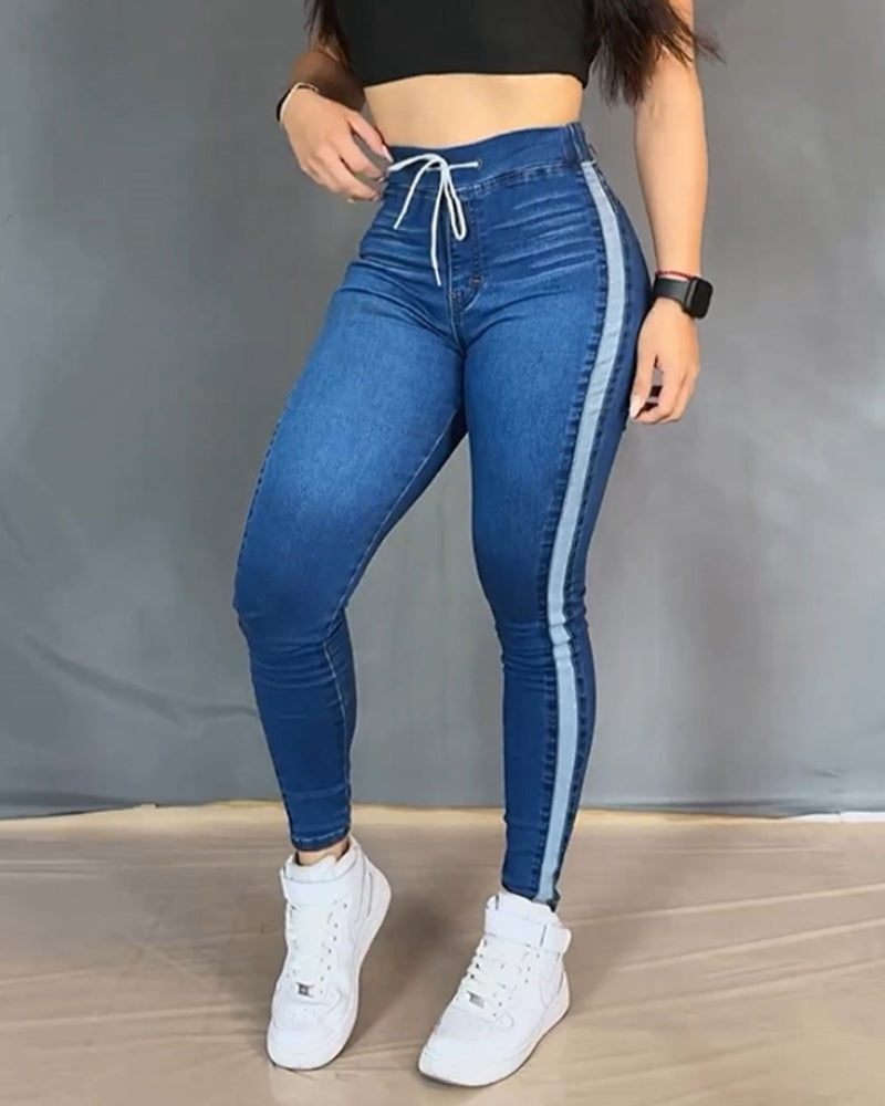 Damen-Jeans mit 9-Punkt-Kordelzug und Elastischem Bund Hochelastisch