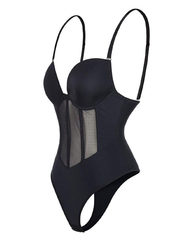 Sexy Mesh Shapewear Korsett Rückenfreier Tanga Bodysuit Mit Integriertem BH