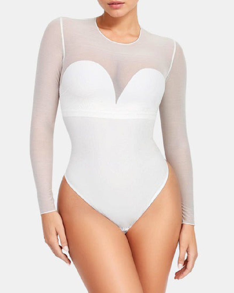 Damen Transparente Mesh Langen Ärmeln Tanga Shapewear Bodysuit Mit Eingebautem BH