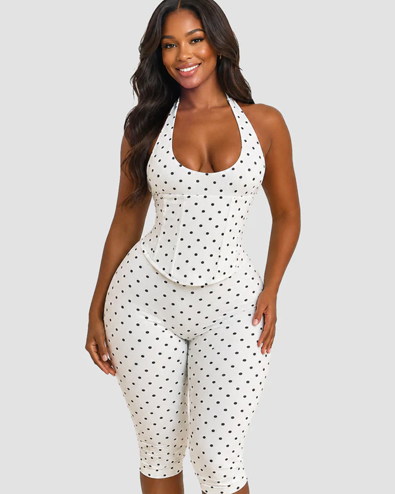 Hourglass Figure Body Shaper Waist Cincher Polka Dot Capri Jumpsuit Two-Piece Set