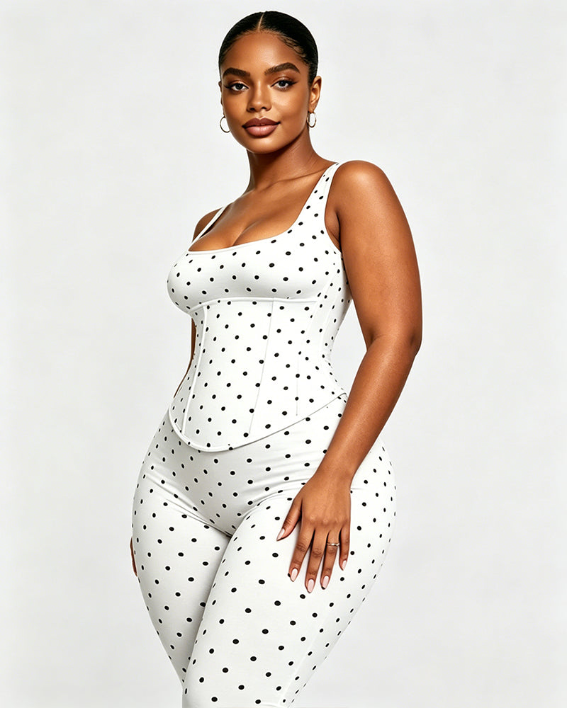 Polka Dot Square Neck Capri Jumpsuit with Hourglass Detachable Corset Two-Piece Set