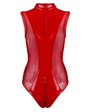 Damen Sexy Lack Leder Transparent Mesh Bodysuit Reißverschluss Tanga Overalls