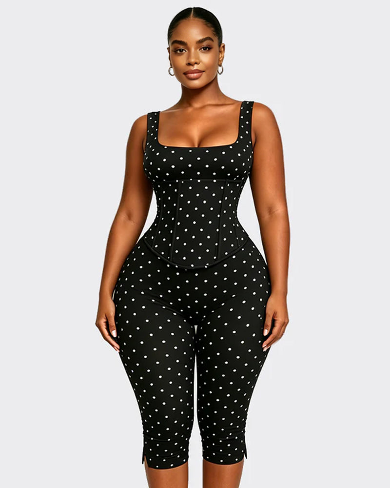 Polka Dot Square Neck Capri Jumpsuit with Hourglass Detachable Corset Two-Piece Set