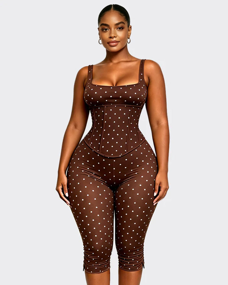 Polka Dot Square Neck Capri Jumpsuit with Hourglass Detachable Corset Two-Piece Set