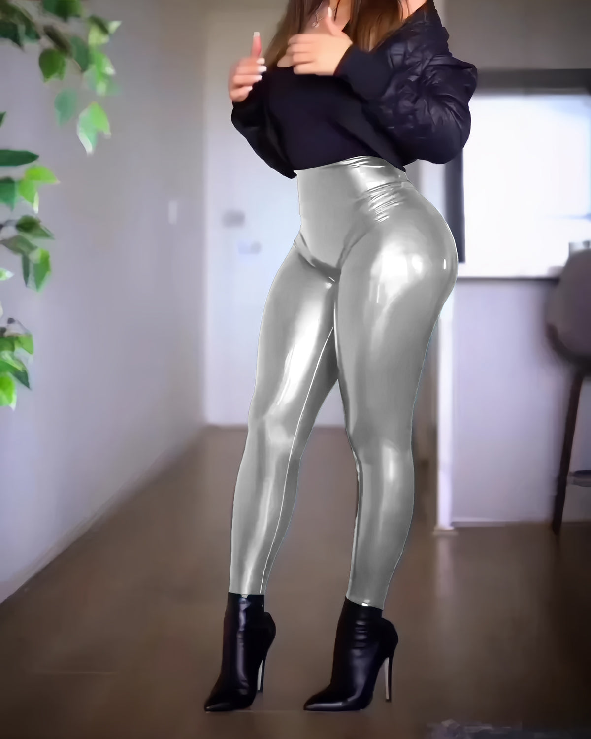 Hoch taillierte Po Lifter Leggings aus glänzendem Kunstleder Leder Hosen