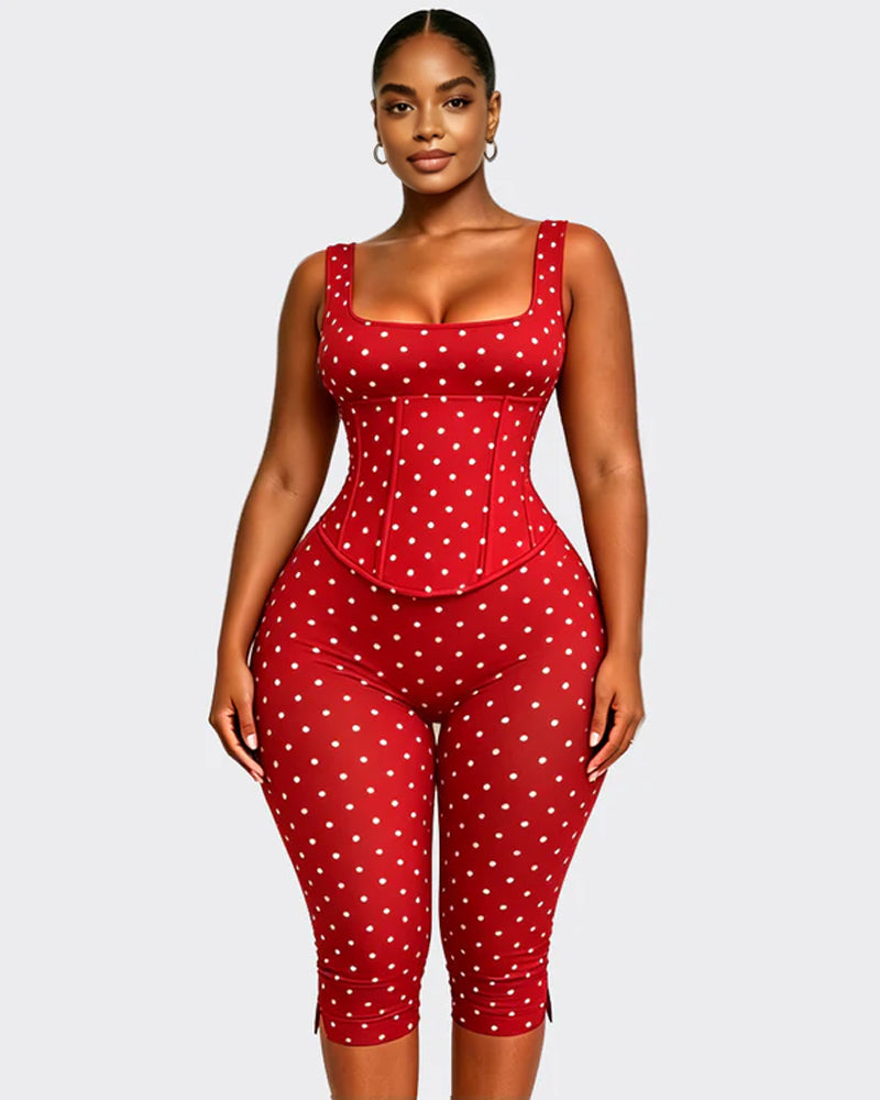 Polka Dot Square Neck Capri Jumpsuit with Hourglass Detachable Corset Two-Piece Set