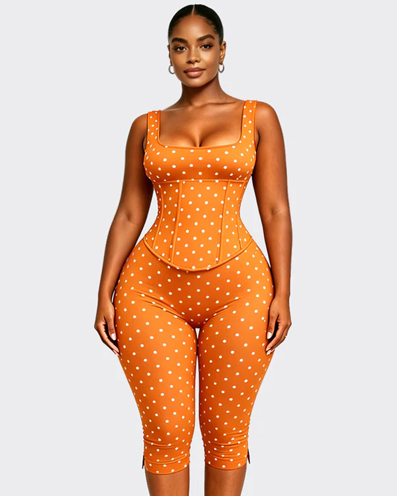 Polka Dot Square Neck Capri Jumpsuit with Hourglass Detachable Corset Two-Piece Set