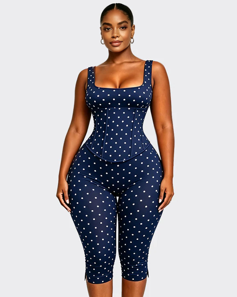 Polka Dot Square Neck Capri Jumpsuit with Hourglass Detachable Corset Two-Piece Set
