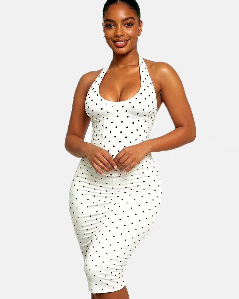 Polka Dot Hourgalss Corset Halter Midi Dress with Lace-Up Back Two-Piece Set