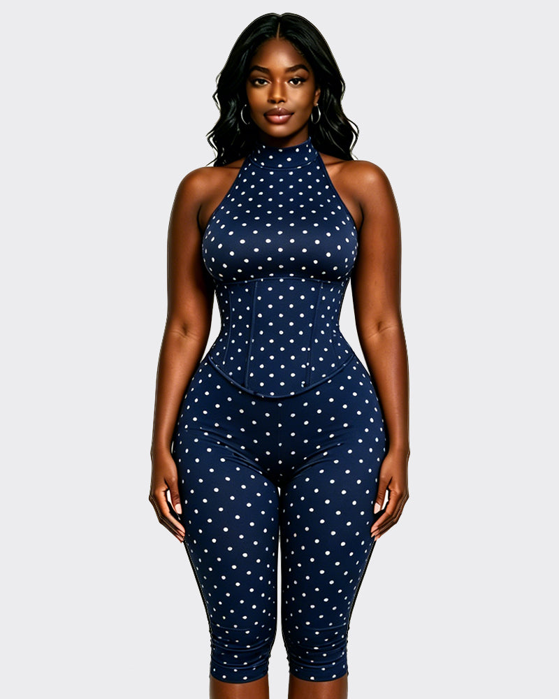 Polka Dot Halter Neck Backless Slim-Fit Stretch Capri Jumpsuit
