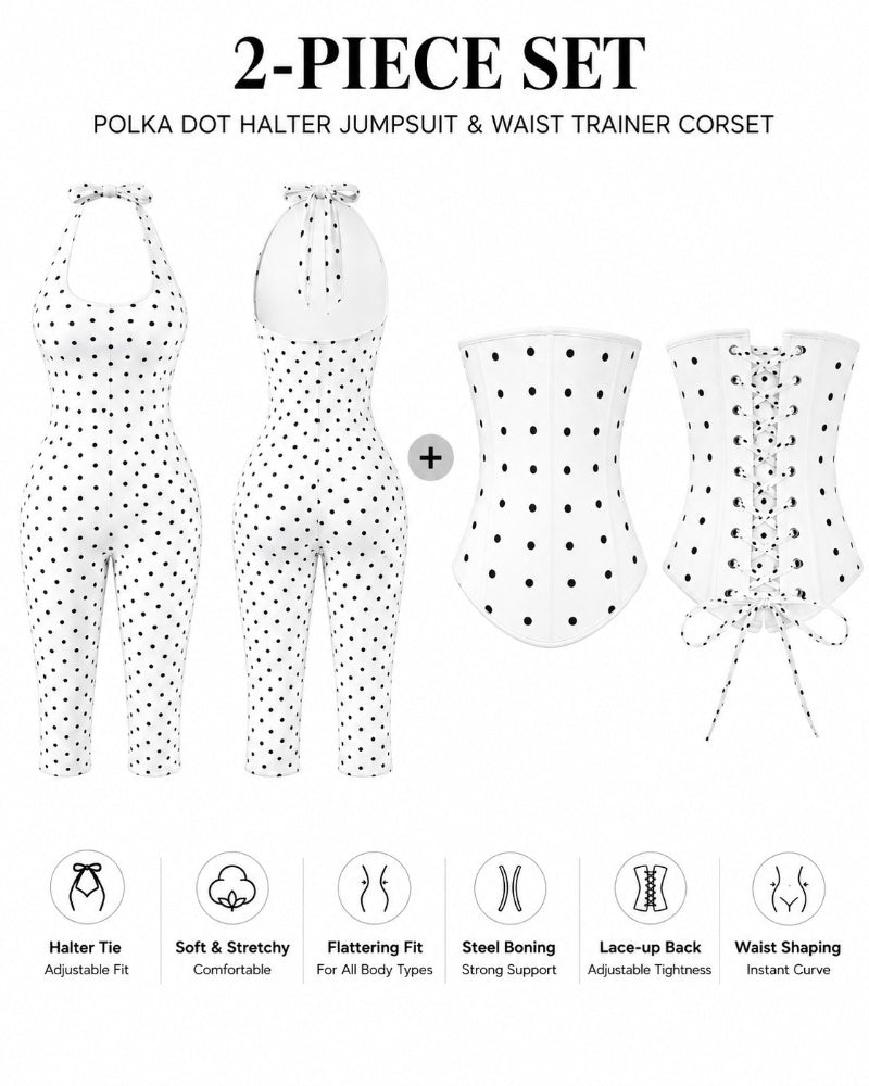 Hourglass Figure Body Shaper Waist Cincher Polka Dot Capri Jumpsuit Two-Piece Set