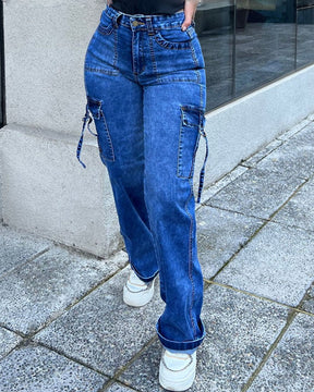 Damen Vintage Cargo Jeans Weites Bein Lässige Hose mit Hoher Taille und Großen Taschen