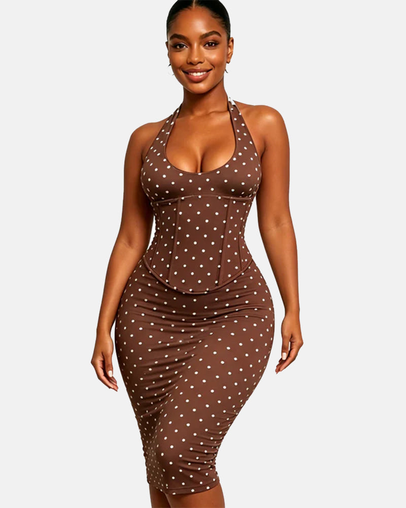 Polka Dot Hourgalss Corset Halter Midi Dress with Lace-Up Back Two-Piece Set