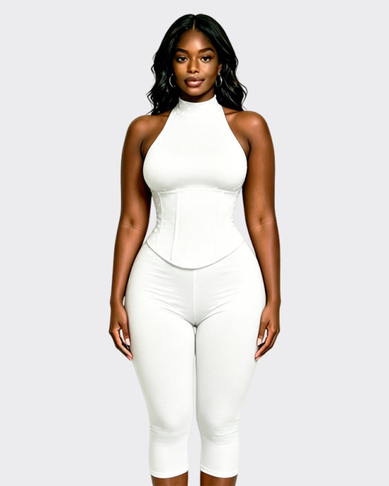 Polka Dot Halter Neck Backless Slim-Fit Stretch Capri Jumpsuit