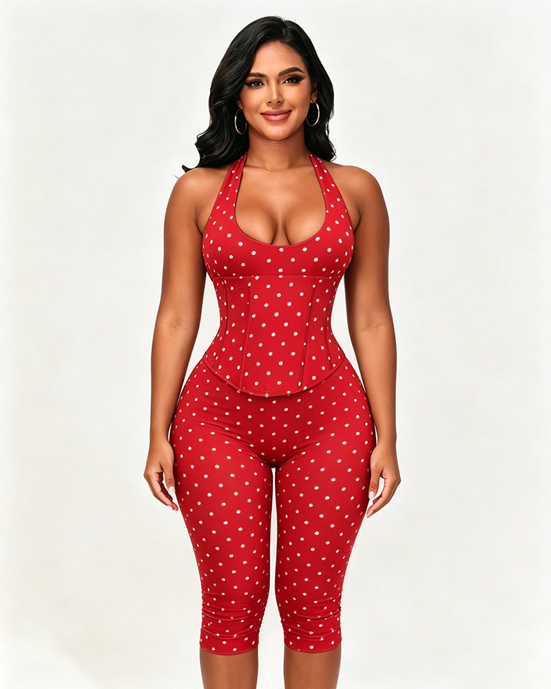 Hourglass Figure Body Shaper Waist Cincher Polka Dot Capri Jumpsuit Two-Piece Set