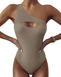 Damen Eine Schulter Gerippte Hohl Bodysuit Einfarbig Ein Stück Push-up Shapewear