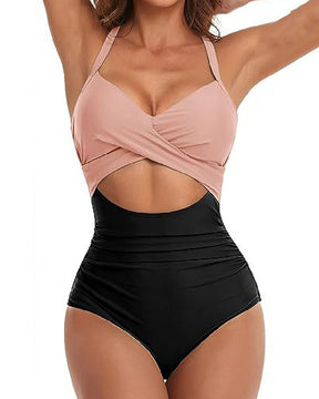 Einteilige Cutout Badeanzug Bauchweg Hoher Taille Bindeband Hinten Bademode