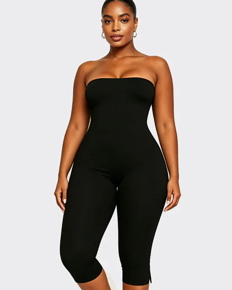 Solid Color Halter Neck Open Back Bodycon Capri Jumpsuit