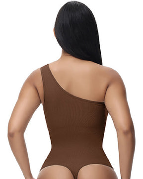 Sexy Geripptes Ein-Schulter Ärmelloses Tanktop Enger Stretch Bodysuit