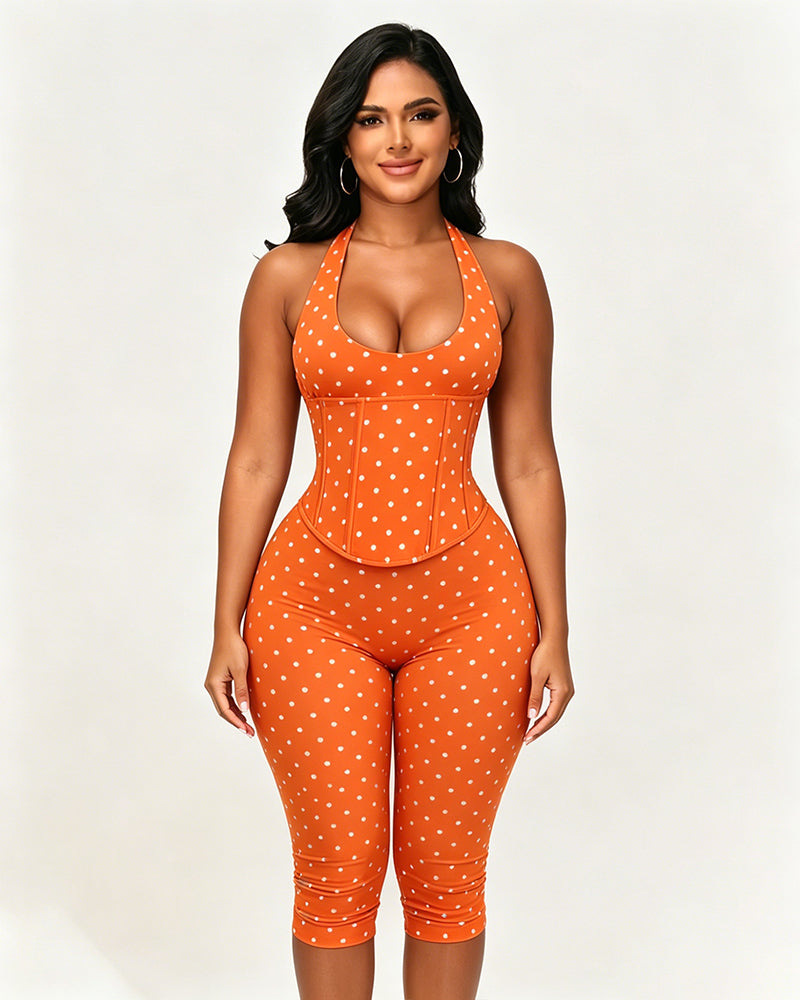 Hourglass Figure Body Shaper Waist Cincher Polka Dot Capri Jumpsuit Two-Piece Set