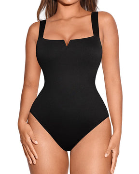 Quadratischem Ausschnitt Einteiliger Bodysuit Ärmellos Bauchkontrolle Shapewear