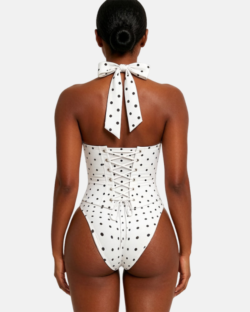 Polka dot halter neck bodycon one-piece swimsuit with straps