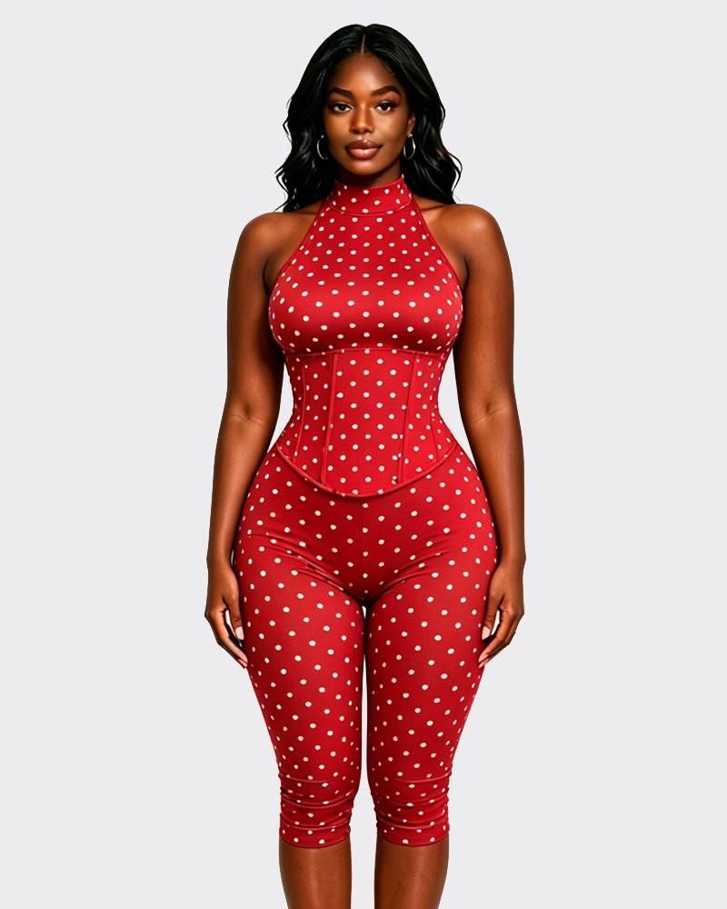 Polka Dot Halter Neck Backless Slim-Fit Stretch Capri Jumpsuit