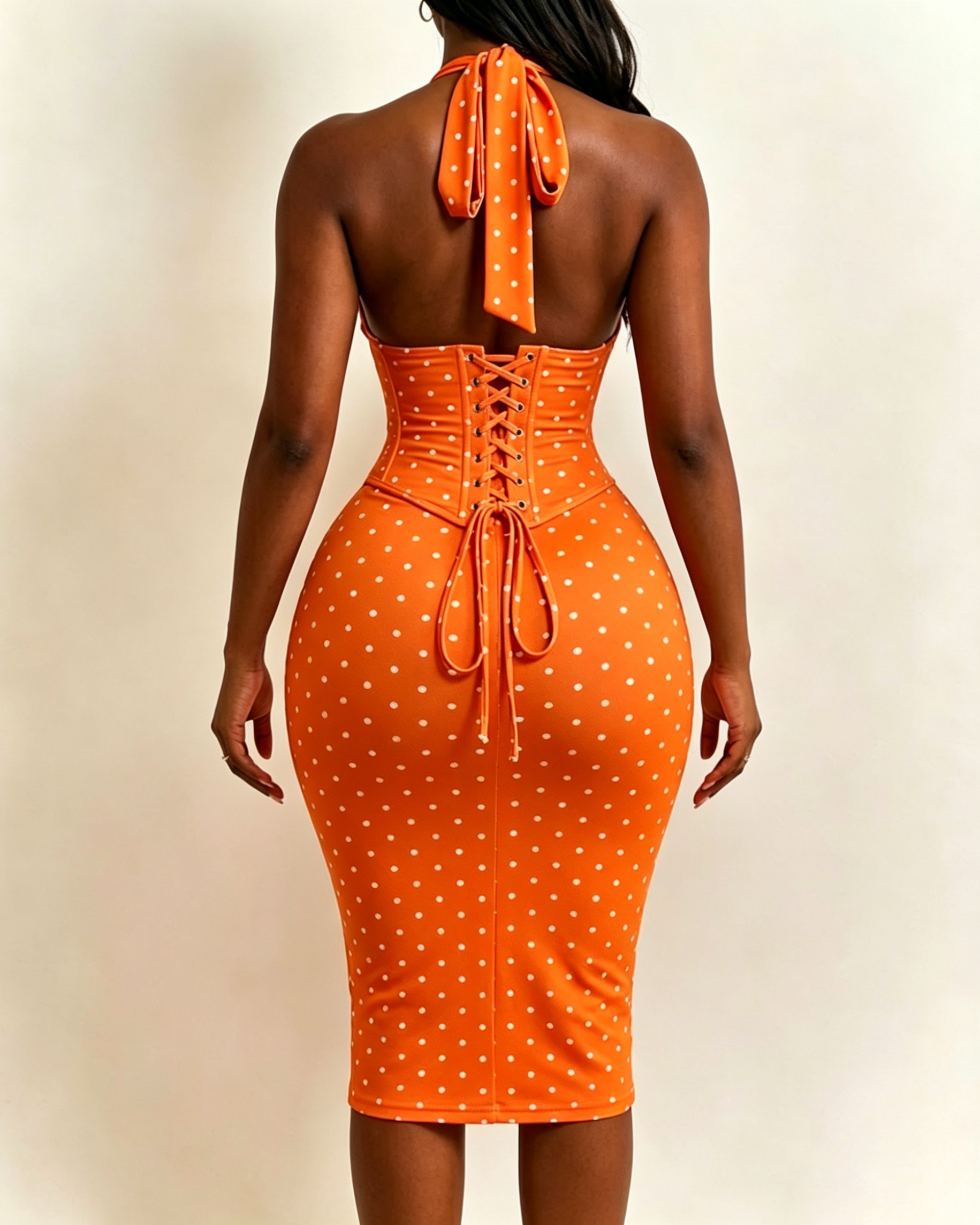 Polka Dot Hourgalss Corset Halter Midi Dress with Lace-Up Back Two-Piece Set