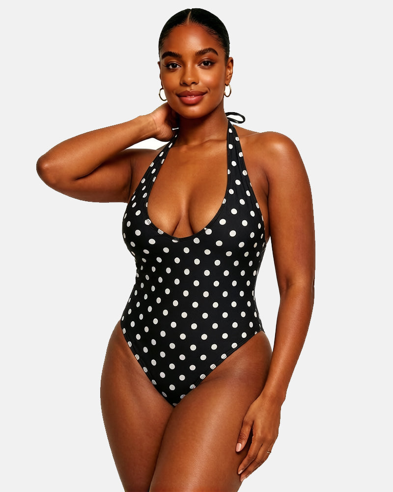 Polka dot halter neck bodycon one-piece swimsuit with straps