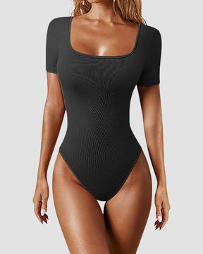 Damen Sexy Gerippter Eckigem Ausschnitt Kurzärmeliger Quadratischer Kragen Tanga Bauchweg Bodysuit